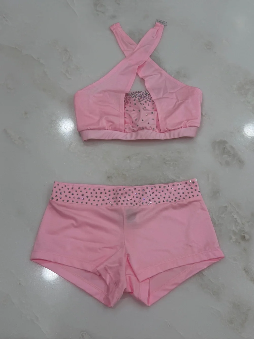 Soft Pink Dallaswear Halter Neck Rhinestone Top & Shorts NFL Dance Audition Set
